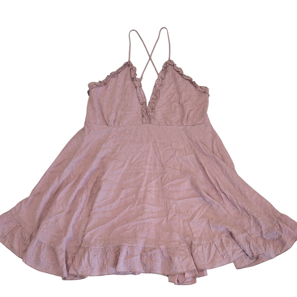 Baevely Mauve Pink Swiss Dot Ruffle V-Neck Mini Dress BD4931 Large